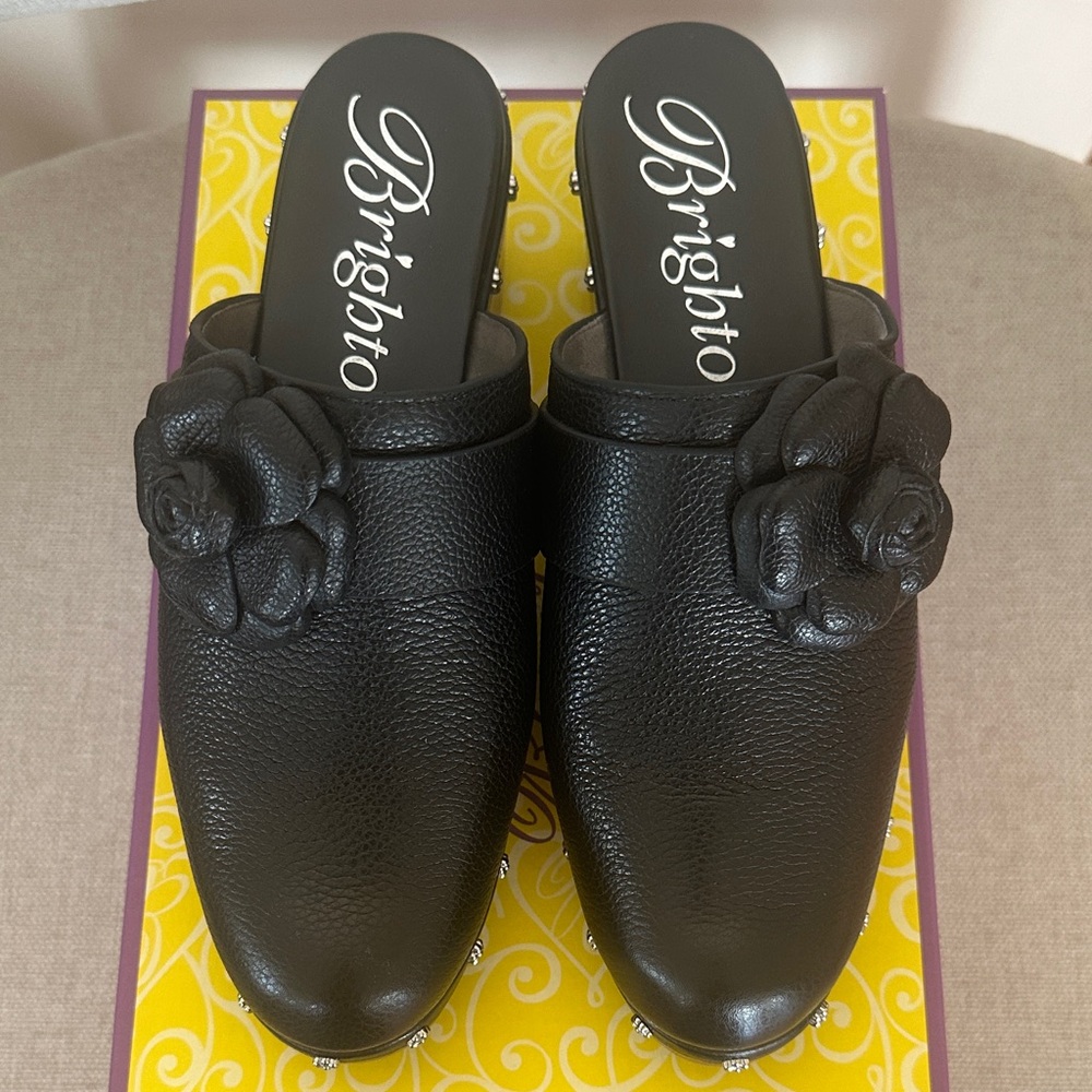 Brighton Black Leather Floral Slip-On Mules